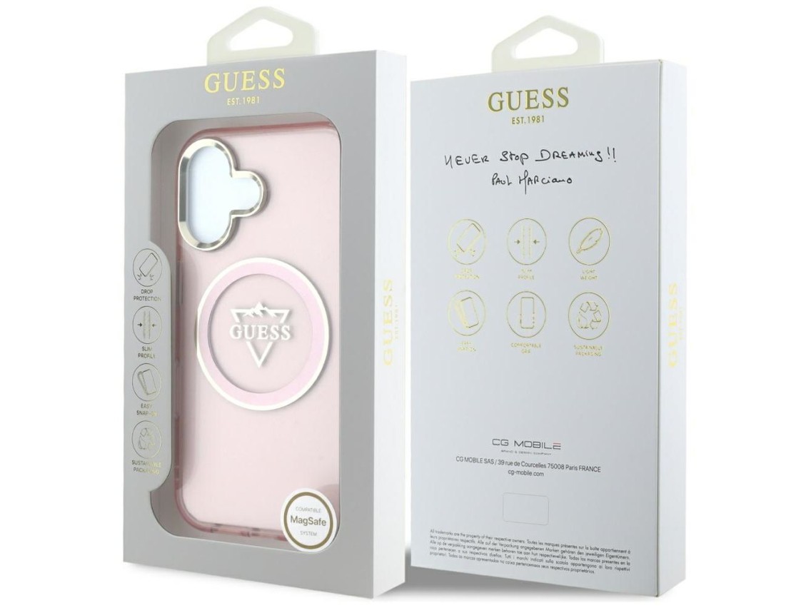 Funda Guess IML Metal Mountain Logo MagSafe para iPhone 16 - Rosa