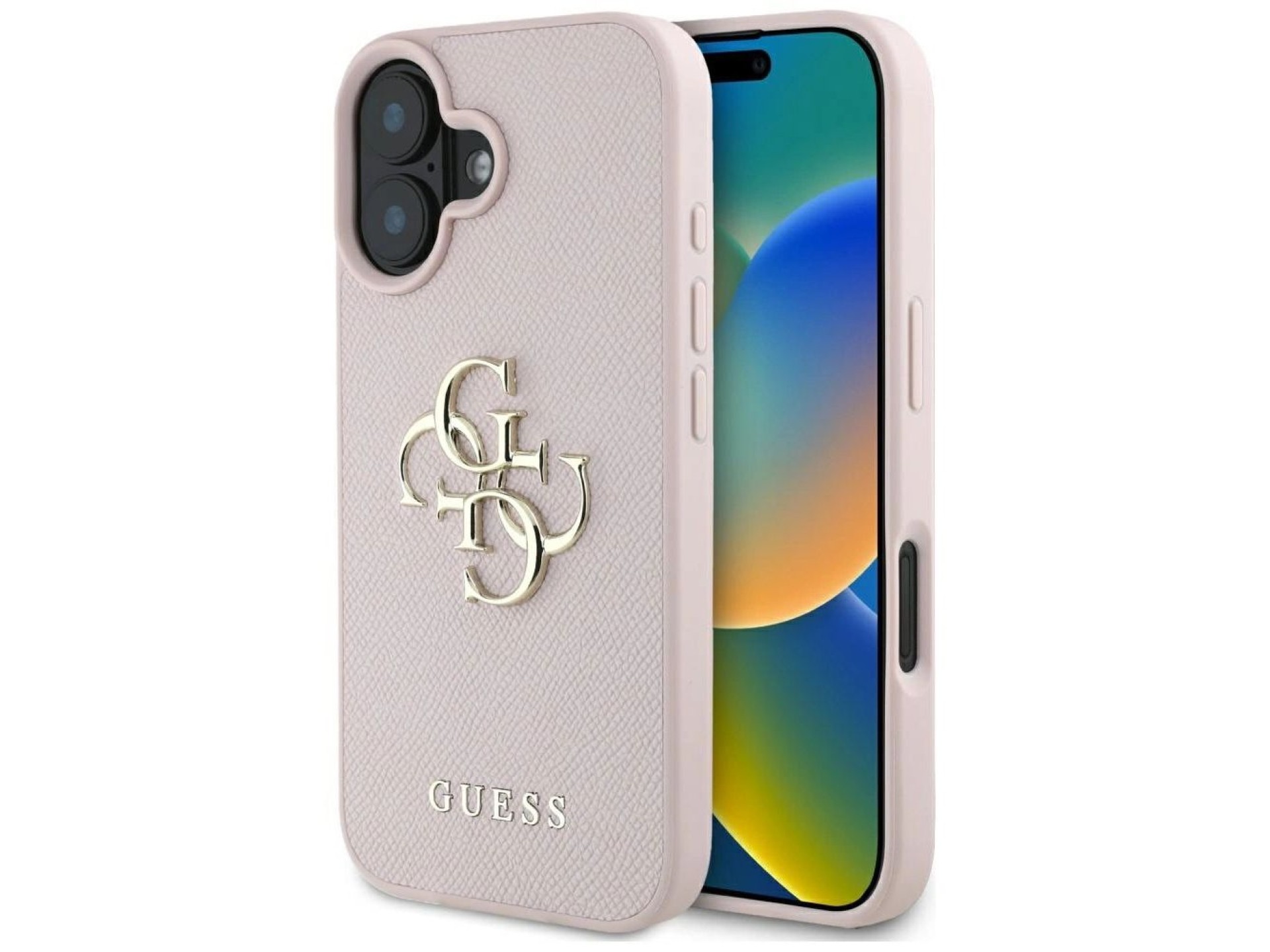 Capa Guess Granulada com Logo 4G Grande e Logo Clássico Pequeno para iPhone 16 - rosa