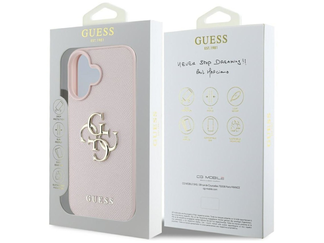 Capa Guess Granulada com Logo 4G Grande e Logo Clássico Pequeno para iPhone 16 - rosa
