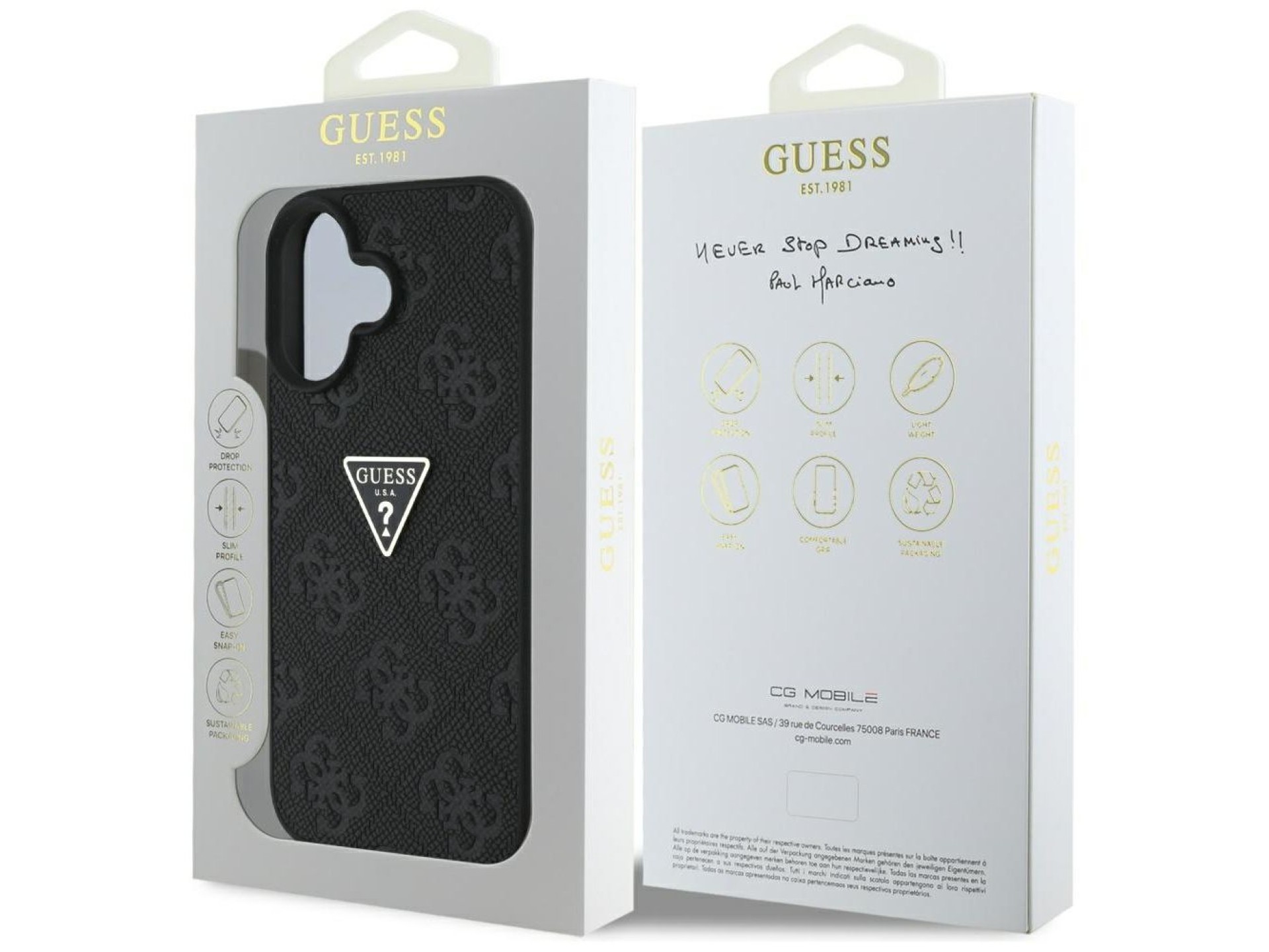 Guess Hot Stamp 4G Pattern Triangle Metal Logo case for iPhone 16 - black
