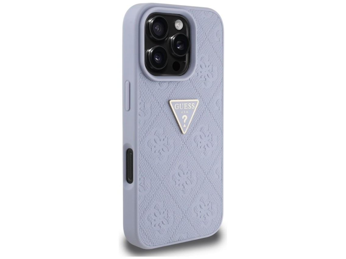 Capa Guess Hot Stamp 4G com padrão triangular e logotipo metálico para iPhone 16 Pro - Roxa