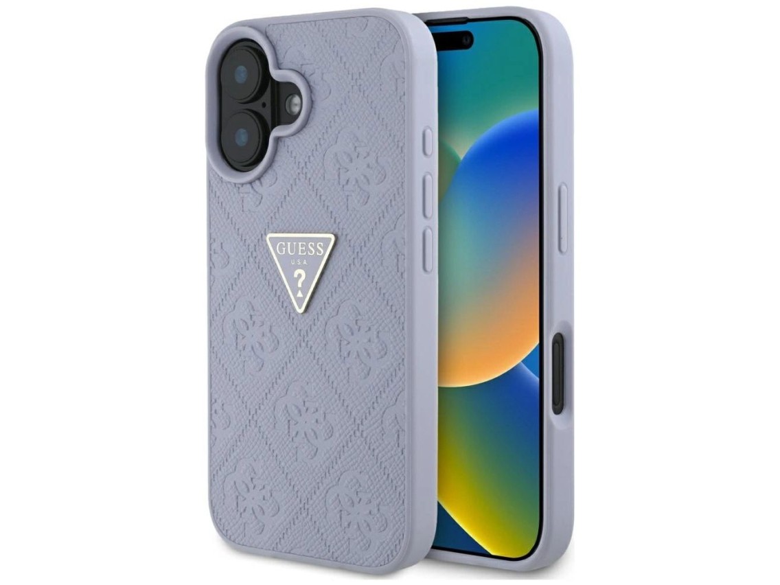 Guess Hot Stamp 4G Pattern Triangle Metal Logo iPhone 16 Case - Purple