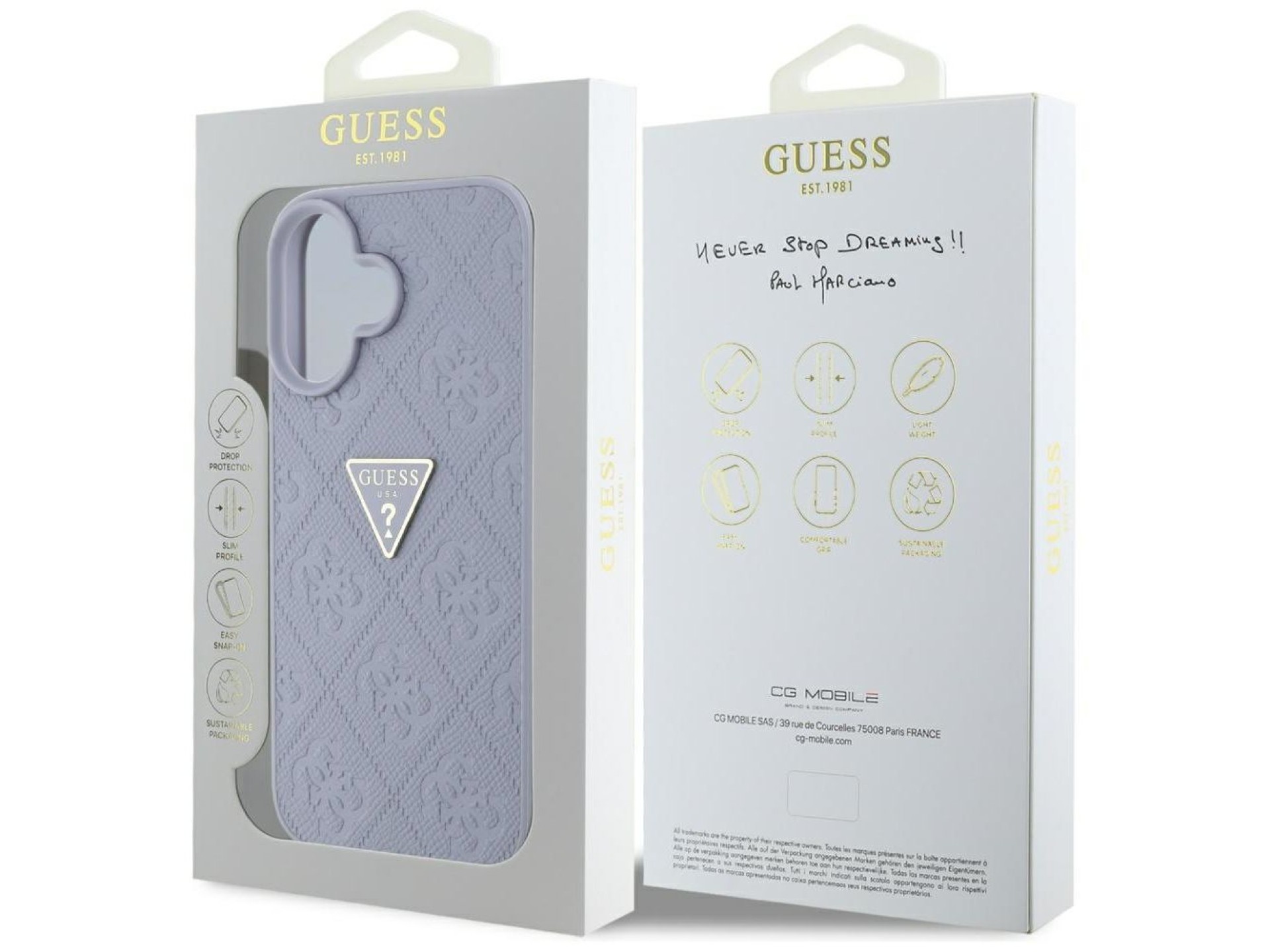 Guess Hot Stamp 4G Pattern Triangle Metal Logo iPhone 16 Case - Purple