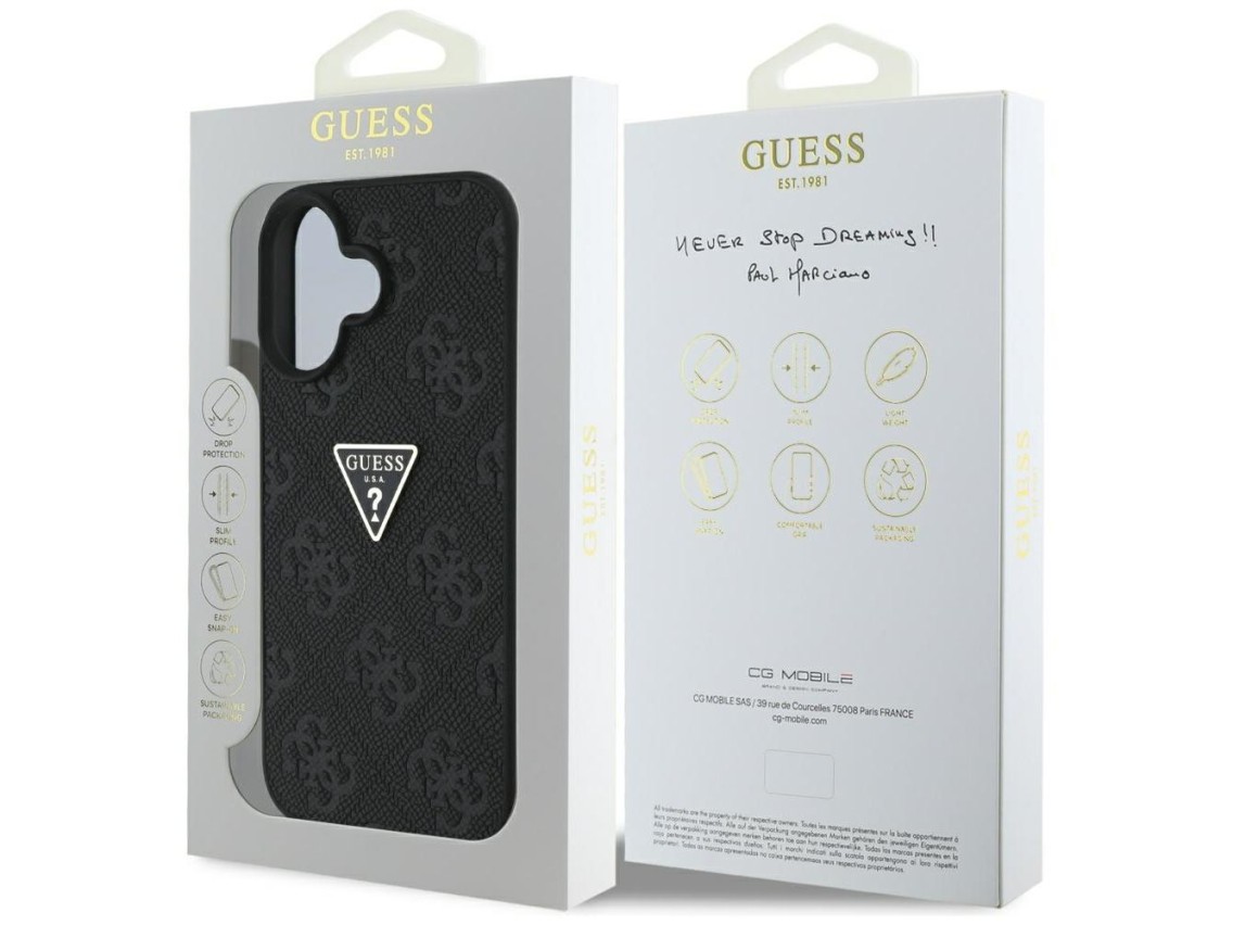 Guess Hot Stamp 4G Pattern Triangle Metal Logo case for iPhone 16 - black