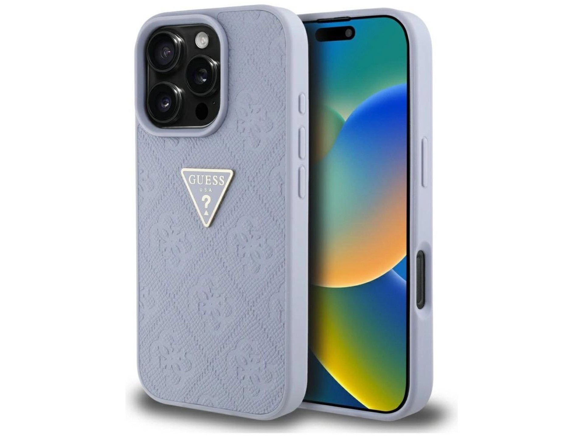 Capa Guess Hot Stamp 4G com padrão triangular e logotipo metálico para iPhone 16 Pro - Roxa