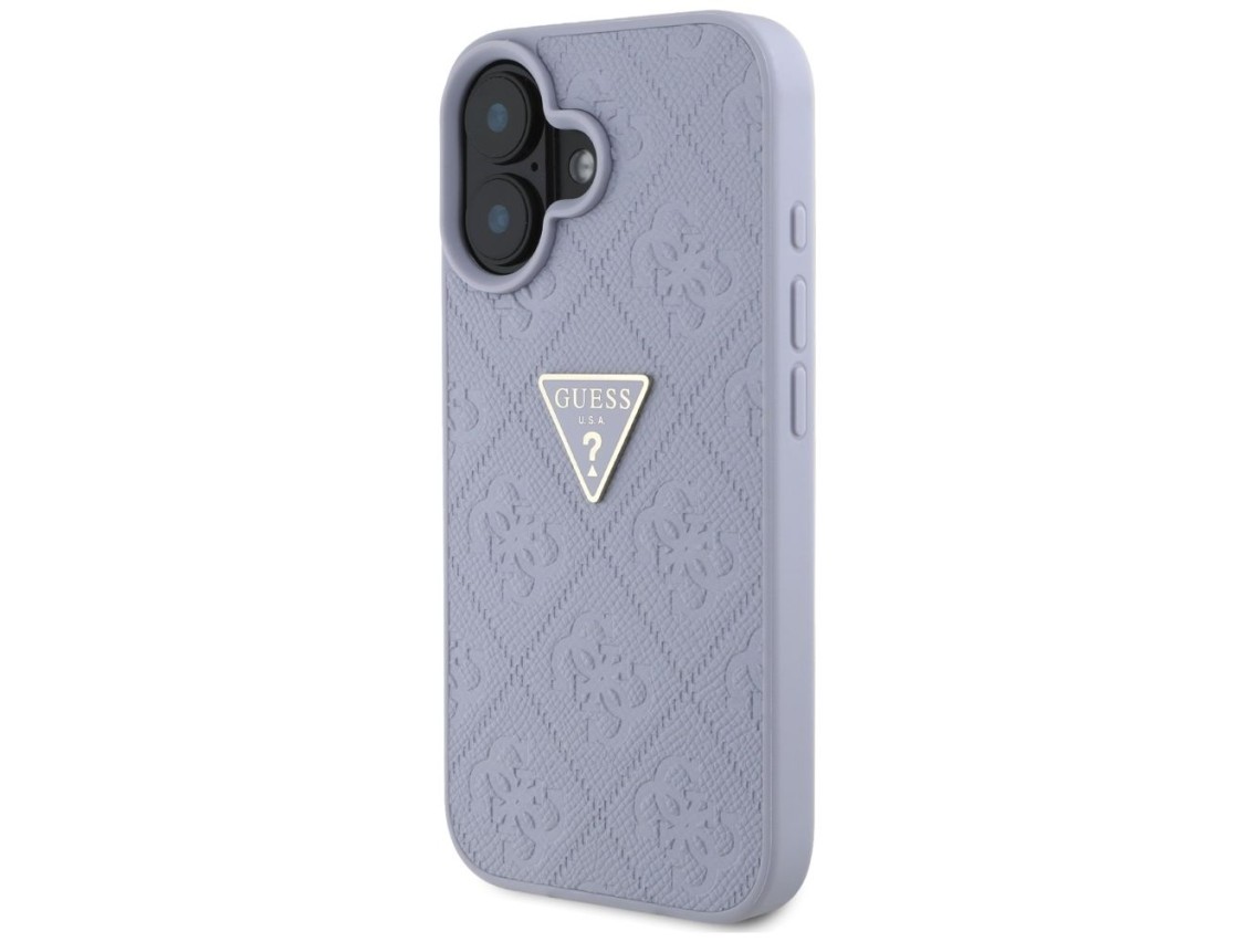Guess Hot Stamp 4G Pattern Triangle Metal Logo iPhone 16 Case - Purple