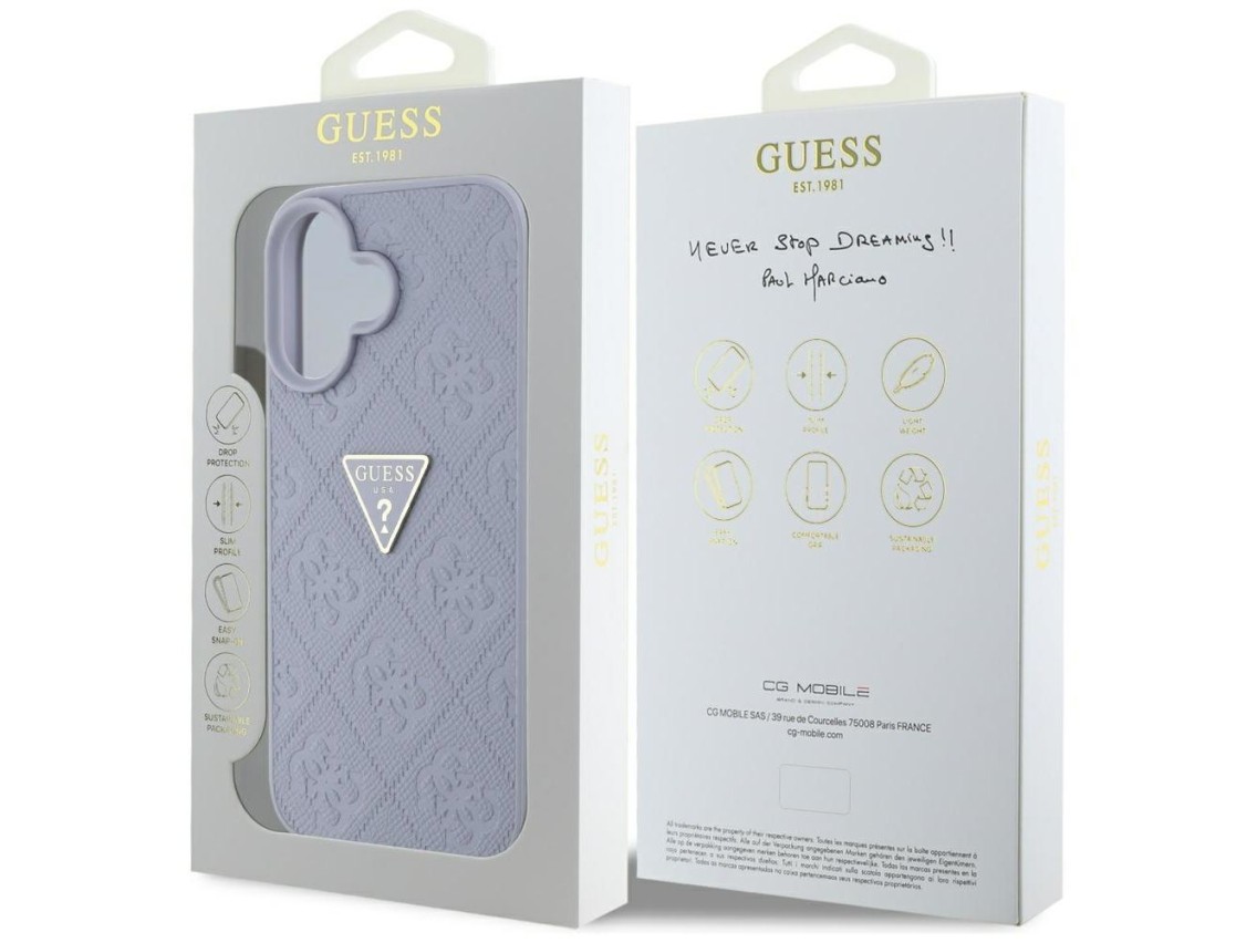 Guess Hot Stamp 4G Pattern Triangle Metal Logo iPhone 16 Case - Purple