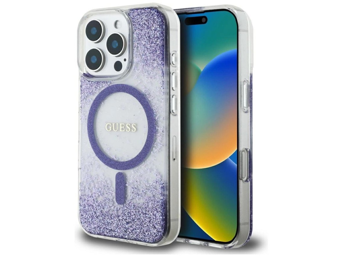 Funda Guess HC Resin Bottom Glitter MagSafe para iPhone 16 Pro Max - morado