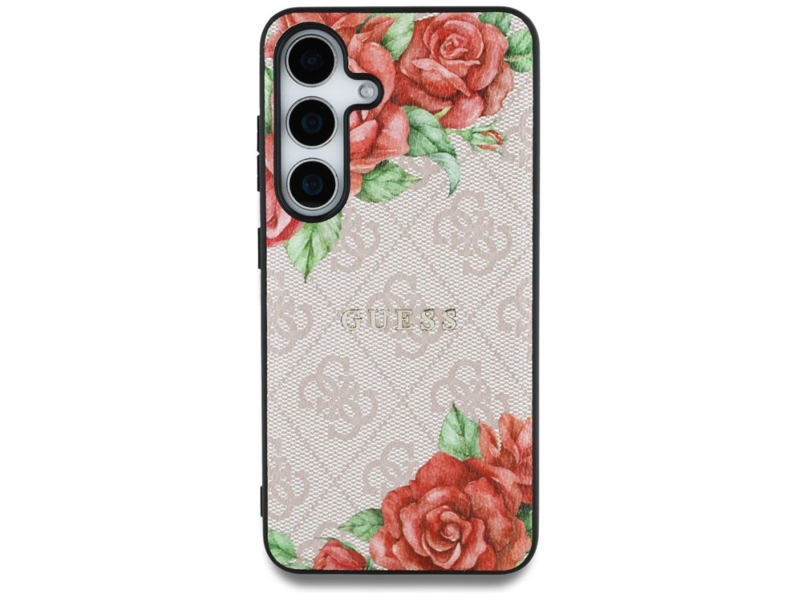 Capa Guess em couro 4G com estampa floral, logo clássico em metal e MagSafe para Samsung Galaxy S25
