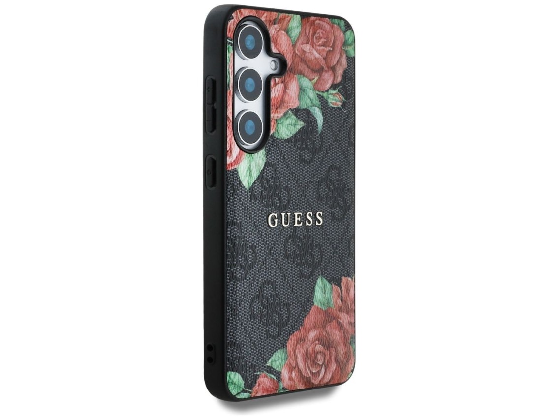 Guess Leather 4G Flowers Print Metal Classic Logo MagSafe Case for Samsung Galaxy S25 - Black