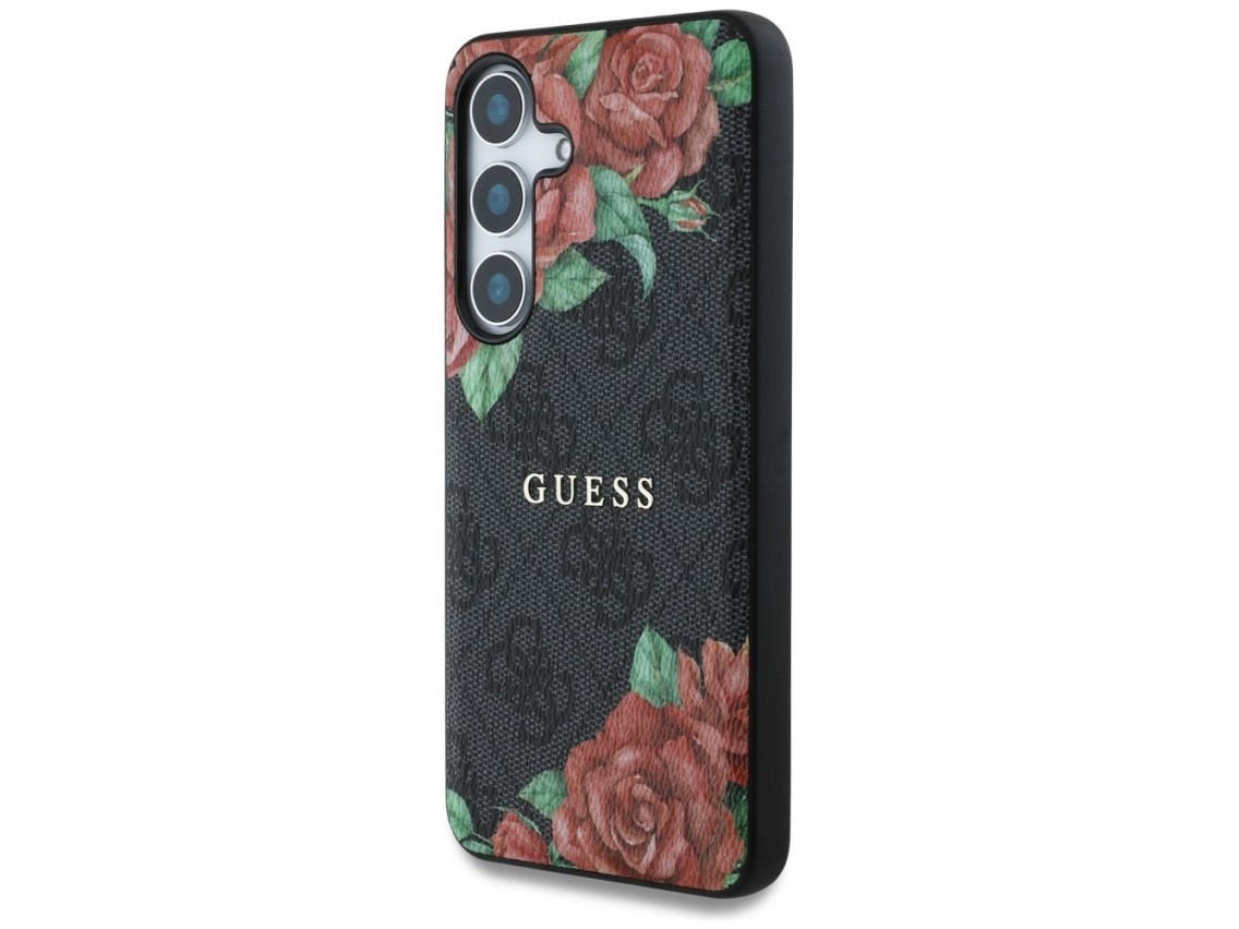 Guess Leather 4G Flowers Print Metal Classic Logo MagSafe Case for Samsung Galaxy S25 - Black