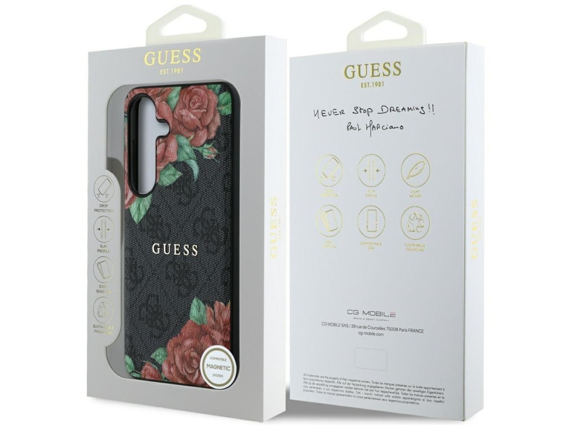Guess Leather 4G Flowers Print Metal Classic Logo MagSafe Case for Samsung Galaxy S25 - Black