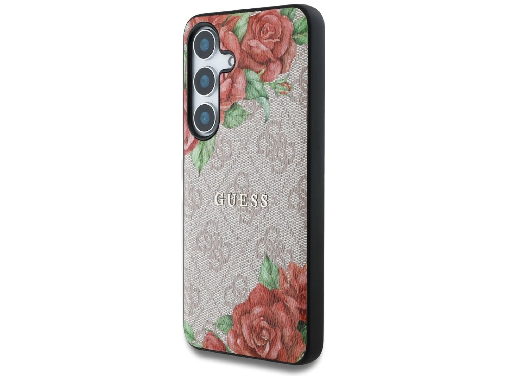 Capa Guess em couro 4G com estampa floral, logo clássico em metal e MagSafe para Samsung Galaxy S25