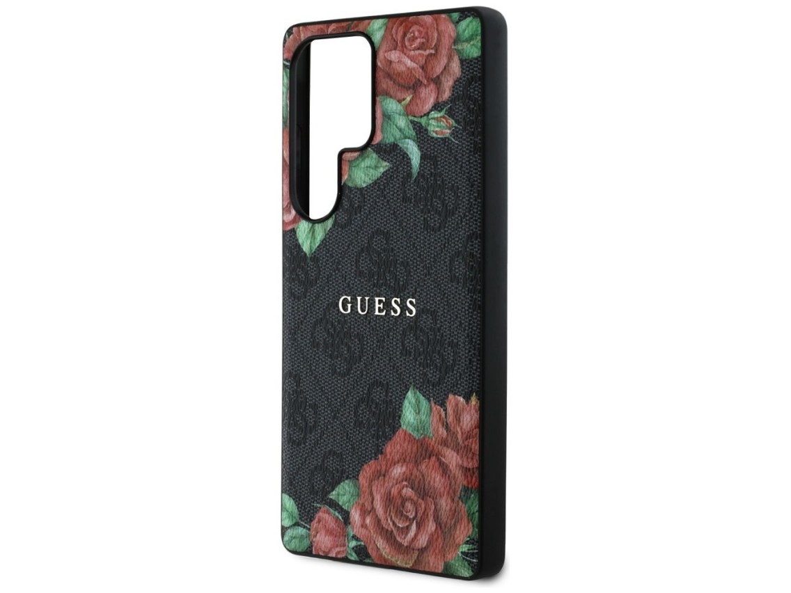 Guess Leather 4G Flowers Print Metal Classic Logo MagSafe Case for Samsung Galaxy S25 Ultra - Black