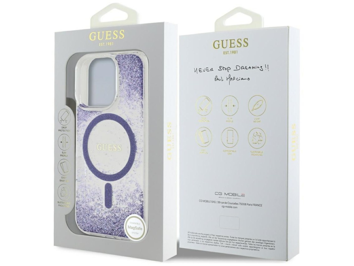 Funda Guess HC Resin Bottom Glitter MagSafe para iPhone 16 Pro Max - morado