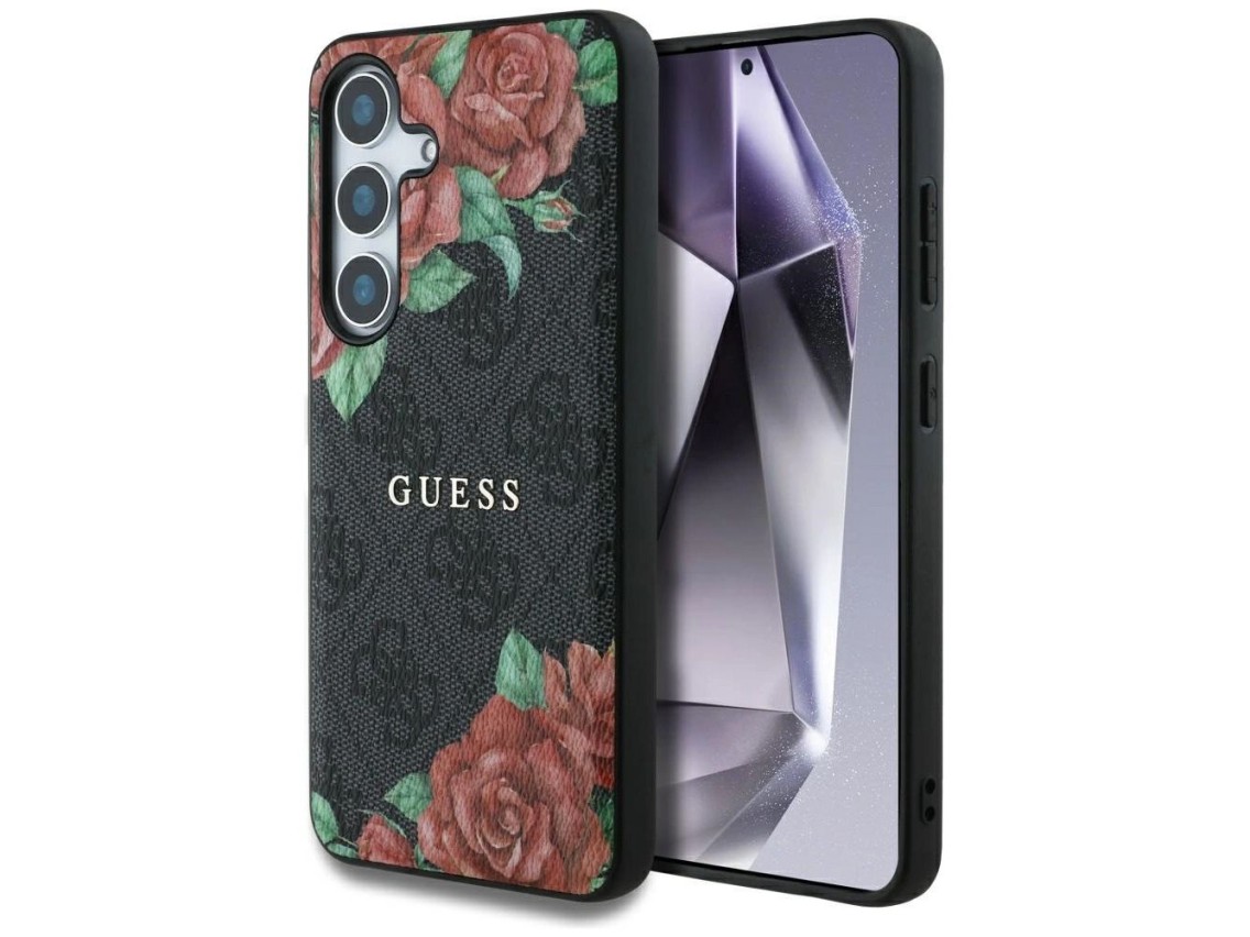 Guess Leather 4G Flowers Print Metal Classic Logo MagSafe Case for Samsung Galaxy S25 - Black
