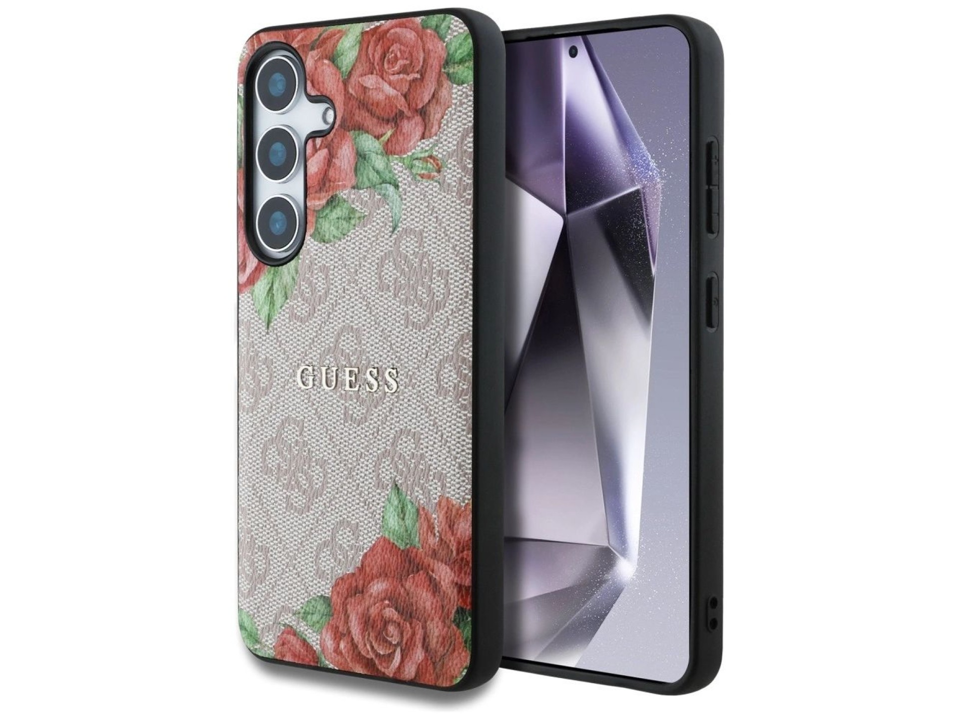 Capa Guess em couro 4G com estampa floral, logo clássico em metal e MagSafe para Samsung Galaxy S25