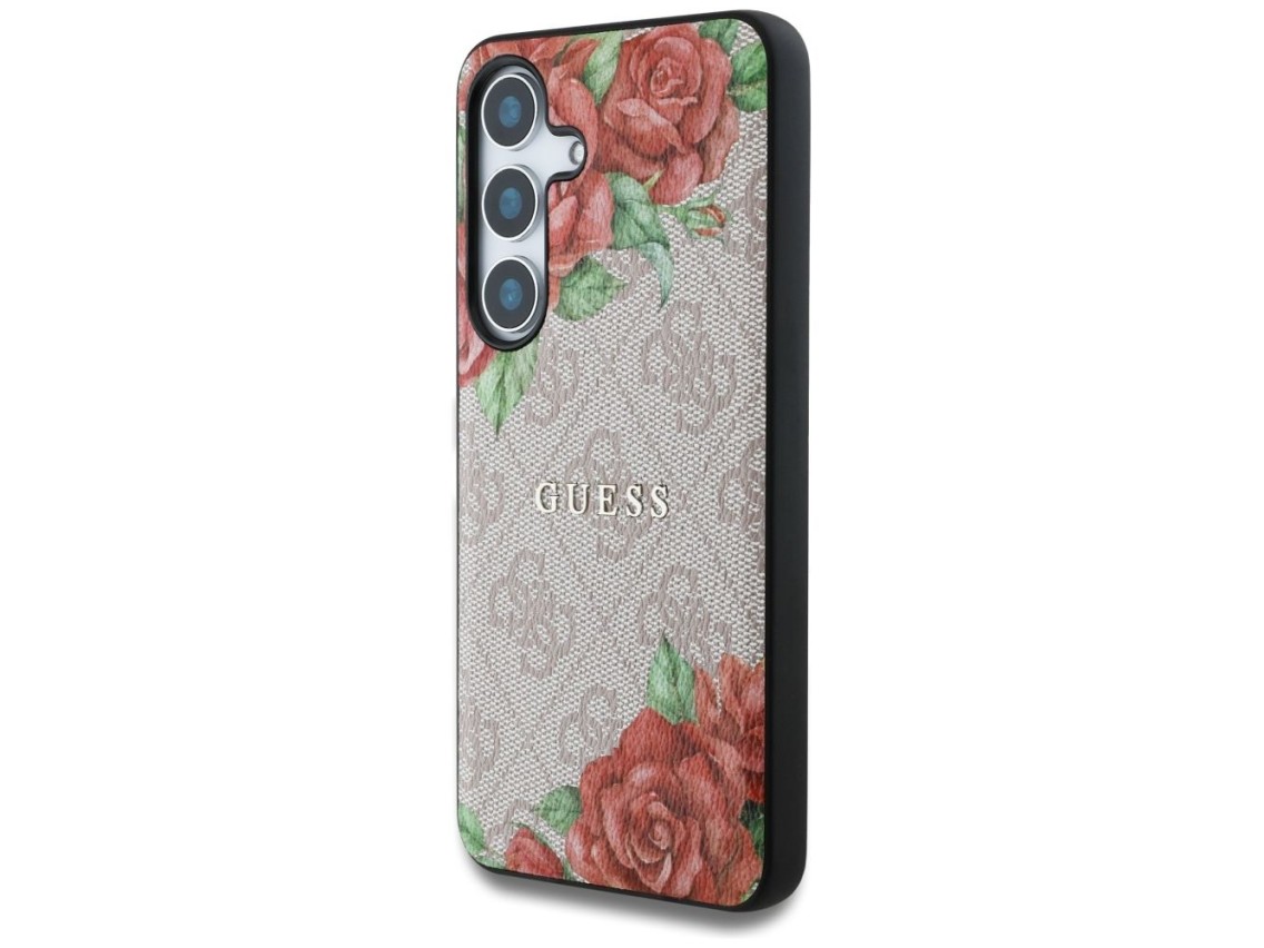 Capa Guess em couro 4G com estampa floral, logo clássico em metal e MagSafe para Samsung Galaxy S25