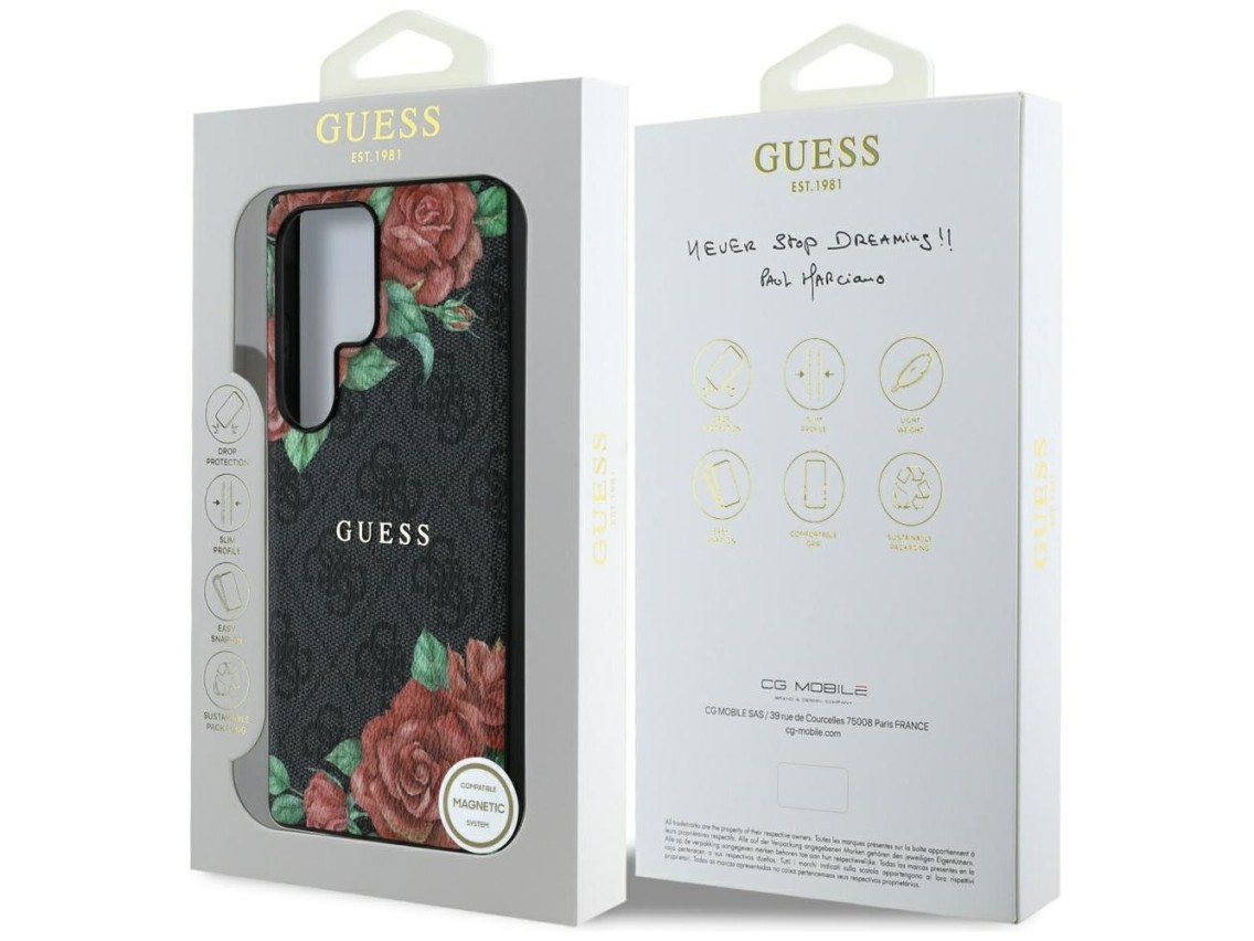 Guess Leather 4G Flowers Print Metal Classic Logo MagSafe Case for Samsung Galaxy S25 Ultra - Black