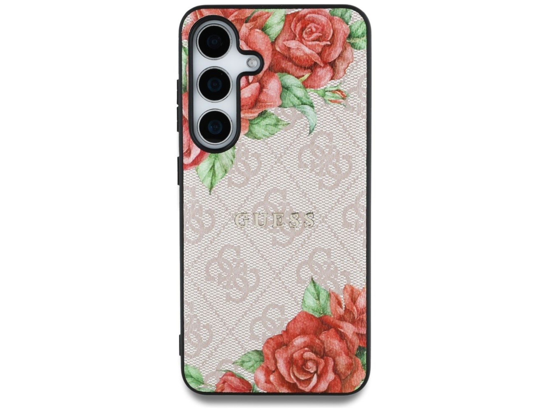 Capa Guess em couro 4G com estampa floral, logo clássico em metal e MagSafe para Samsung Galaxy S25