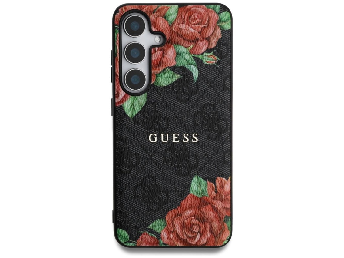 Guess Leather 4G Flowers Print Metal Classic Logo MagSafe Case for Samsung Galaxy S25 - Black