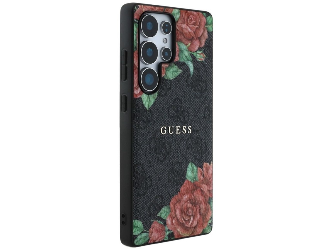 Guess Leather 4G Flowers Print Metal Classic Logo MagSafe Case for Samsung Galaxy S25 Ultra - Black