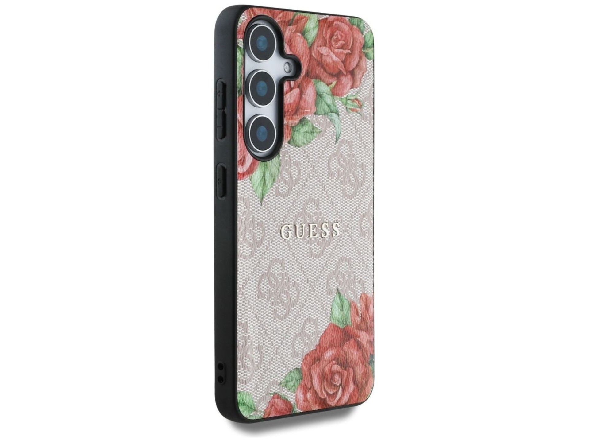Capa Guess em couro 4G com estampa floral, logo clássico em metal e MagSafe para Samsung Galaxy S25