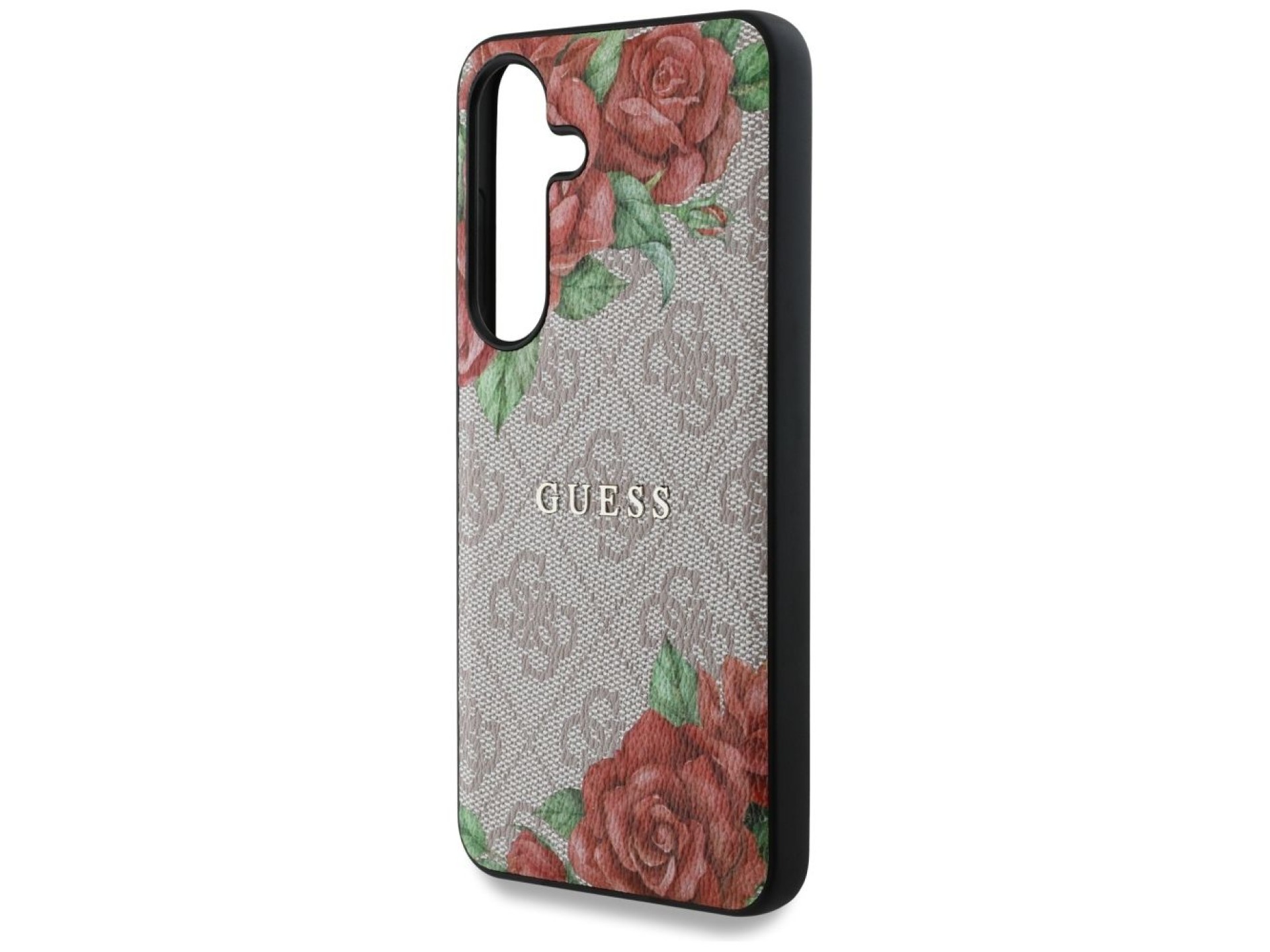 Capa Guess em couro 4G com estampa floral, logo clássico em metal e MagSafe para Samsung Galaxy S25