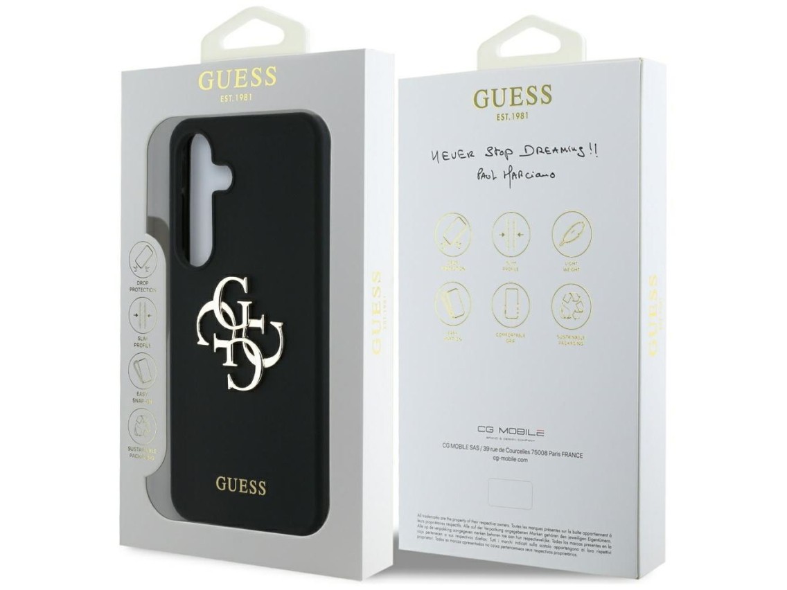 Capa Guess de silicone com logotipo 4G grande na parte inferior para Samsung Galaxy S25 - preta