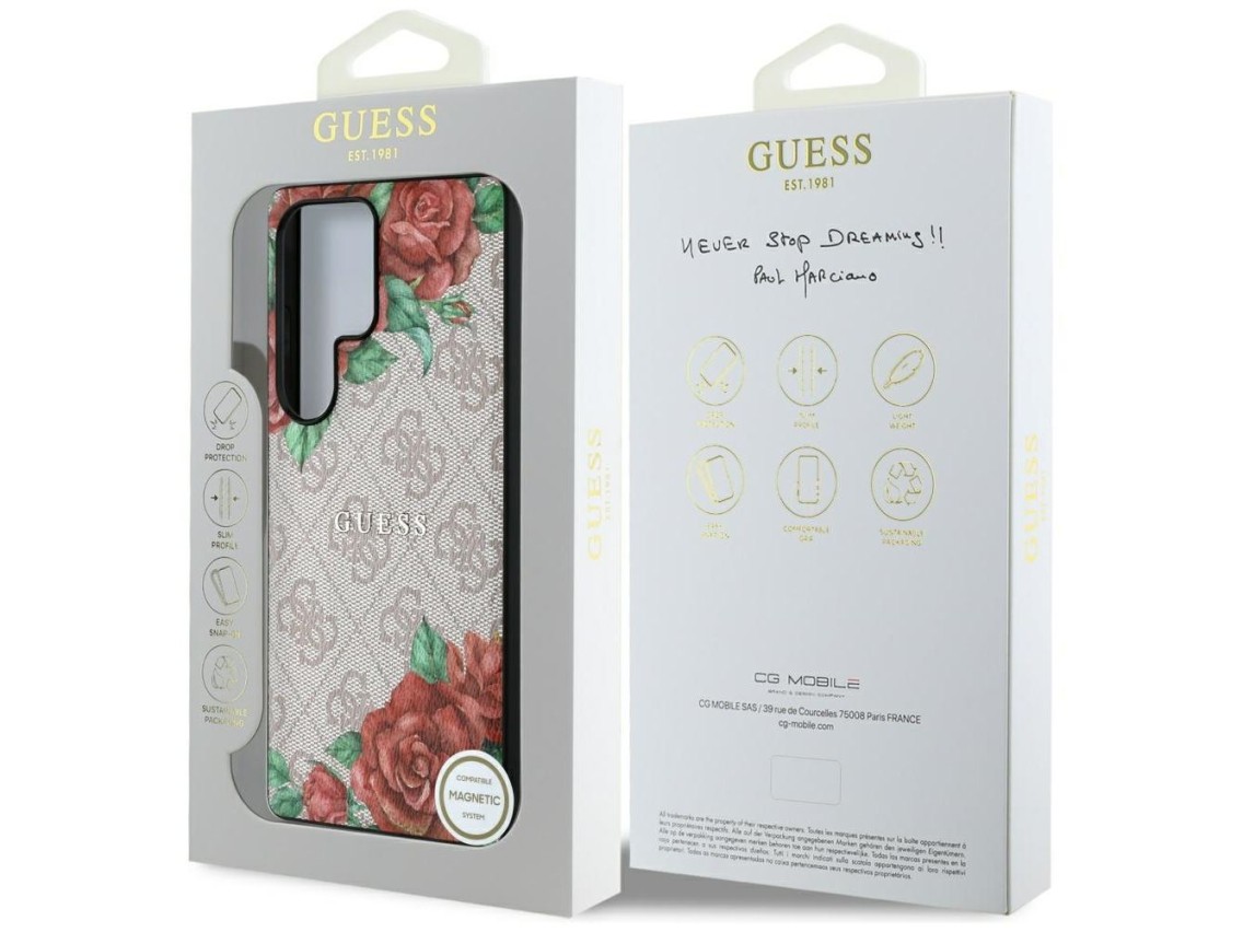 Guess Leather 4G Flowers Print Metal Classic Logo MagSafe Case for Samsung Galaxy S25 Ultra - Pink