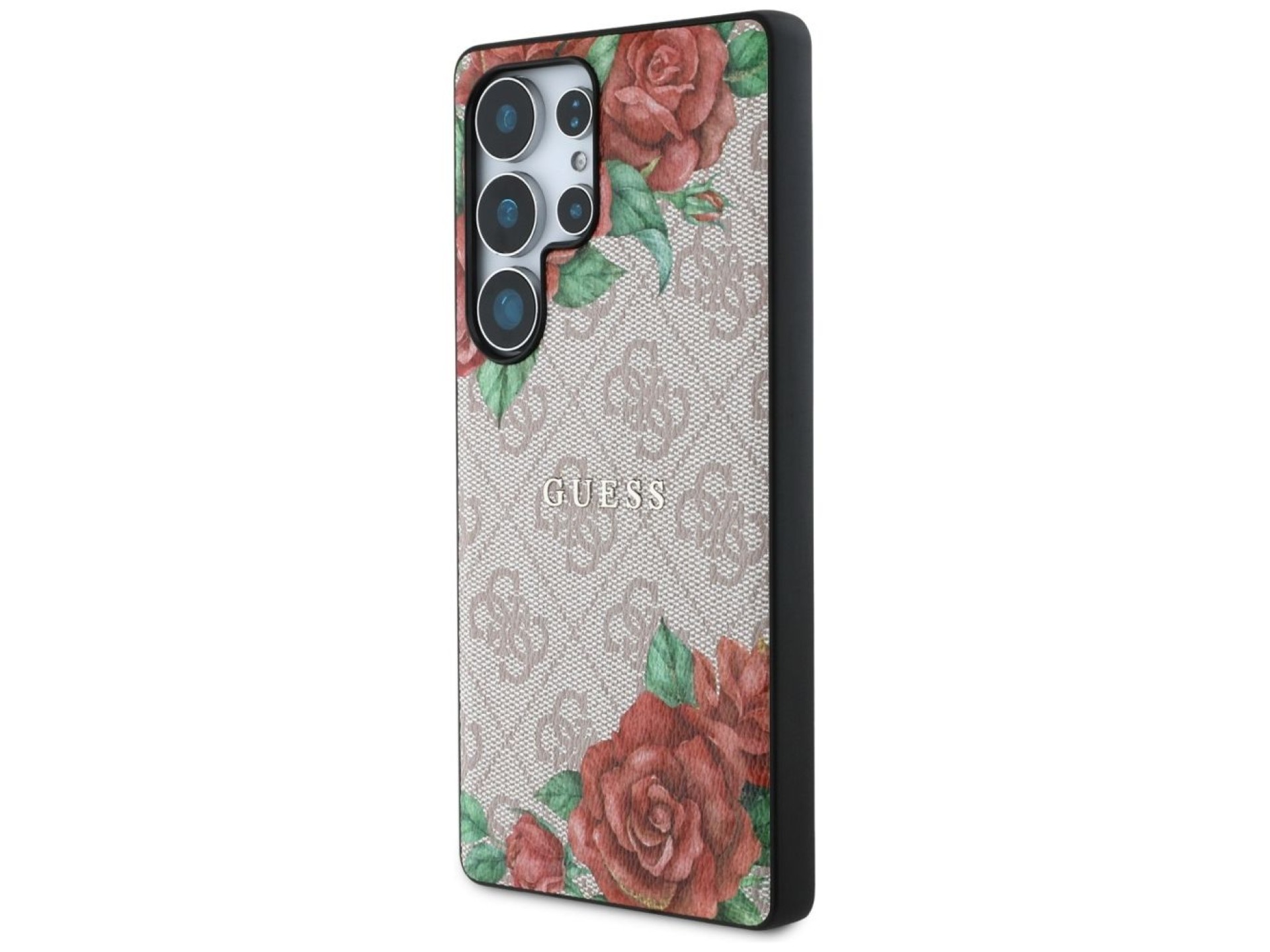 Guess Leather 4G Flowers Print Metal Classic Logo MagSafe Case for Samsung Galaxy S25 Ultra - Pink