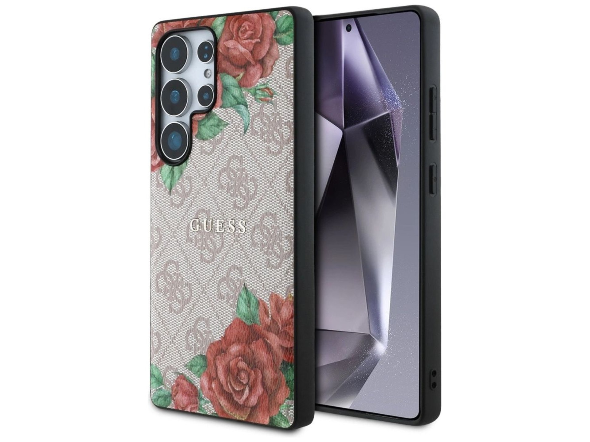 Guess Leather 4G Flowers Print Metal Classic Logo MagSafe Case for Samsung Galaxy S25 Ultra - Pink