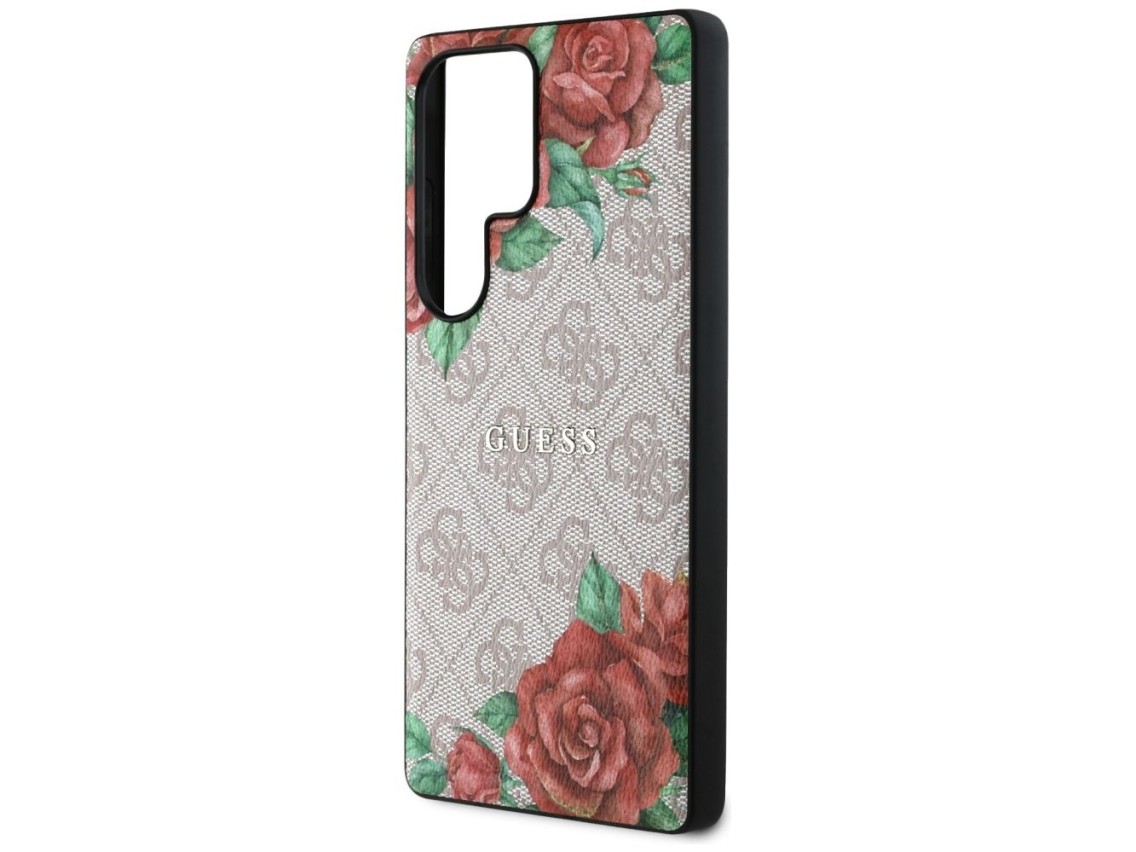 Guess Leather 4G Flowers Print Metal Classic Logo MagSafe Case for Samsung Galaxy S25 Ultra - Pink