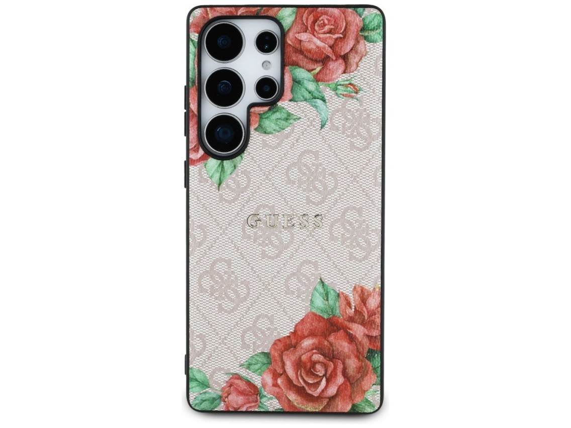 Guess Leather 4G Flowers Print Metal Classic Logo MagSafe Case for Samsung Galaxy S25 Ultra - Pink
