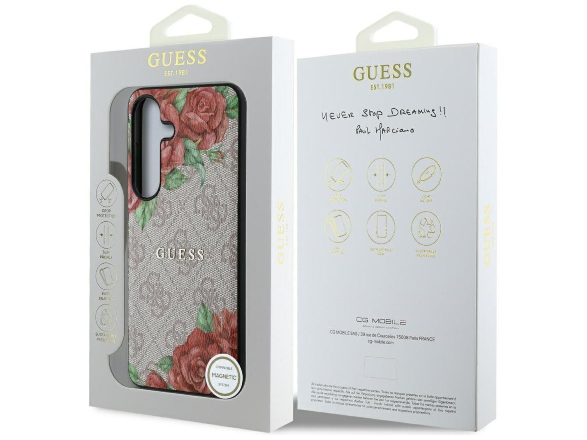 Capa Guess em couro 4G com estampa floral, logo clássico em metal e MagSafe para Samsung Galaxy S25