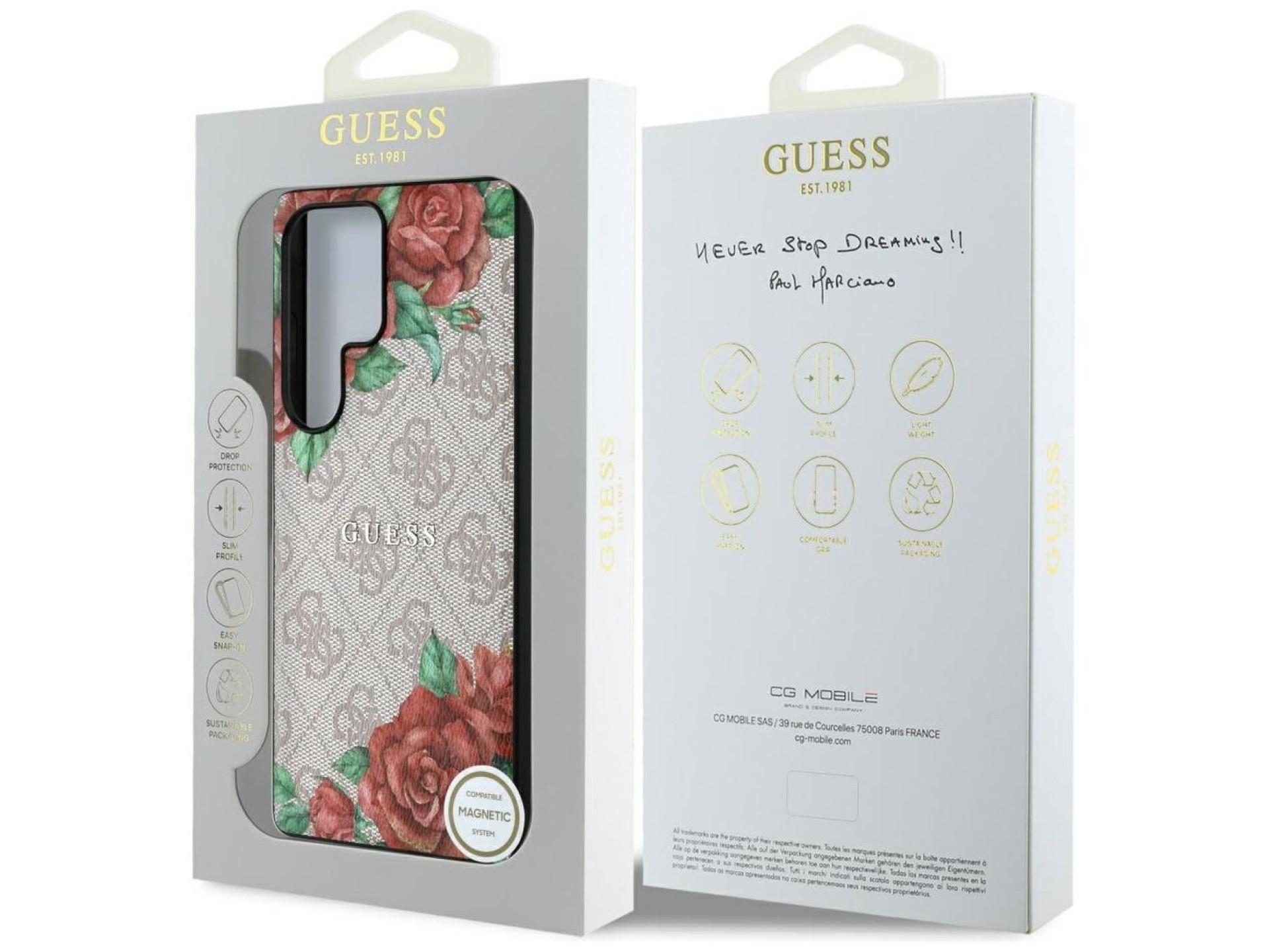 Guess Leather 4G Flowers Print Metal Classic Logo MagSafe Case for Samsung Galaxy S25 Ultra - Pink