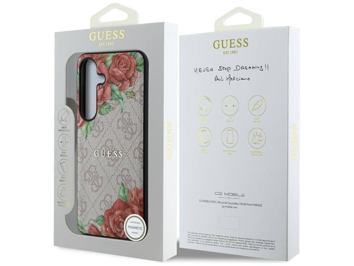 Capa Guess em couro 4G com estampa floral, logo clássico em metal e MagSafe para Samsung Galaxy S25