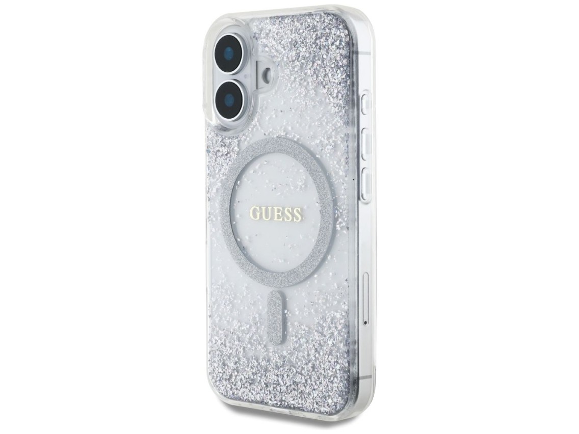 Capa Guess HC Resin Bottom Glitter MagSafe para iPhone 16 - prata