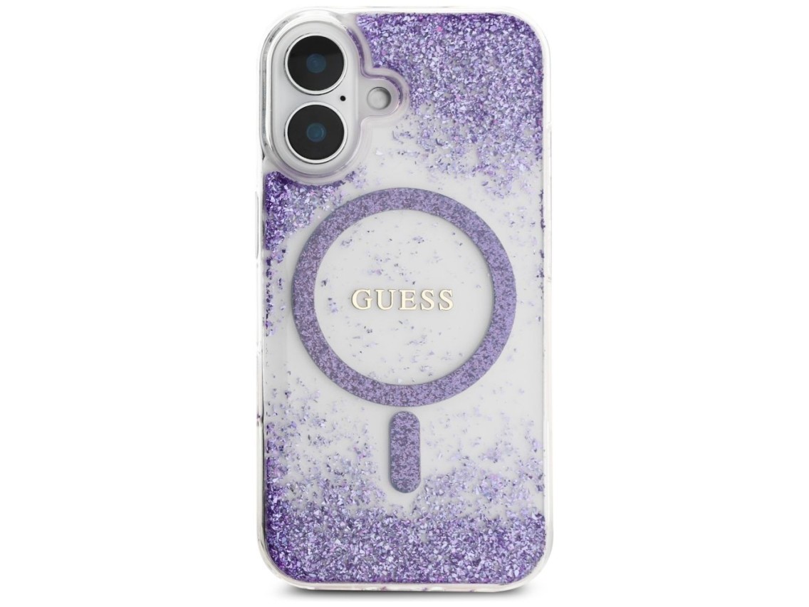 Capa Guess HC Resin Bottom Glitter MagSafe para iPhone 16 - roxa