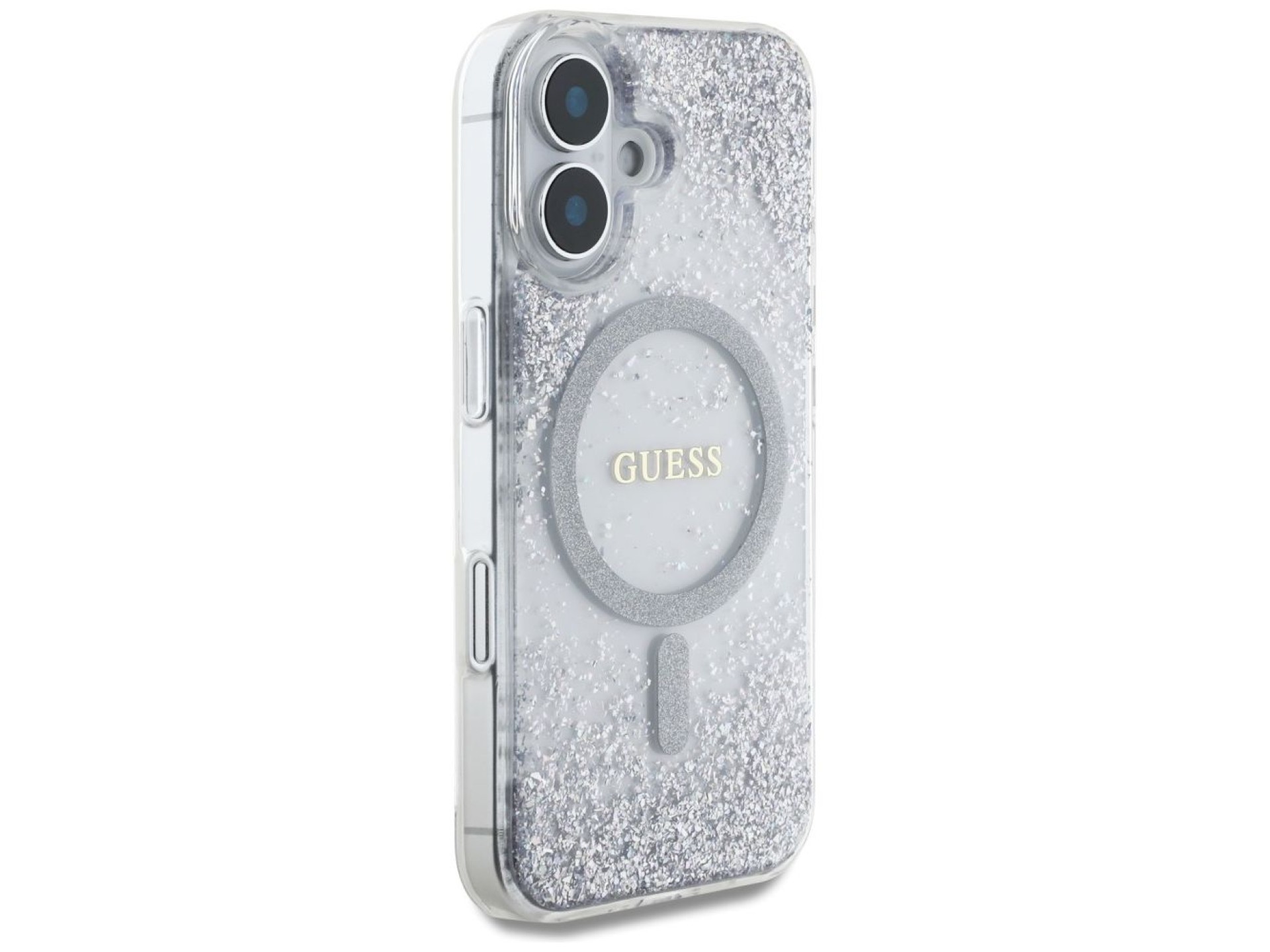 Capa Guess HC Resin Bottom Glitter MagSafe para iPhone 16 - prata