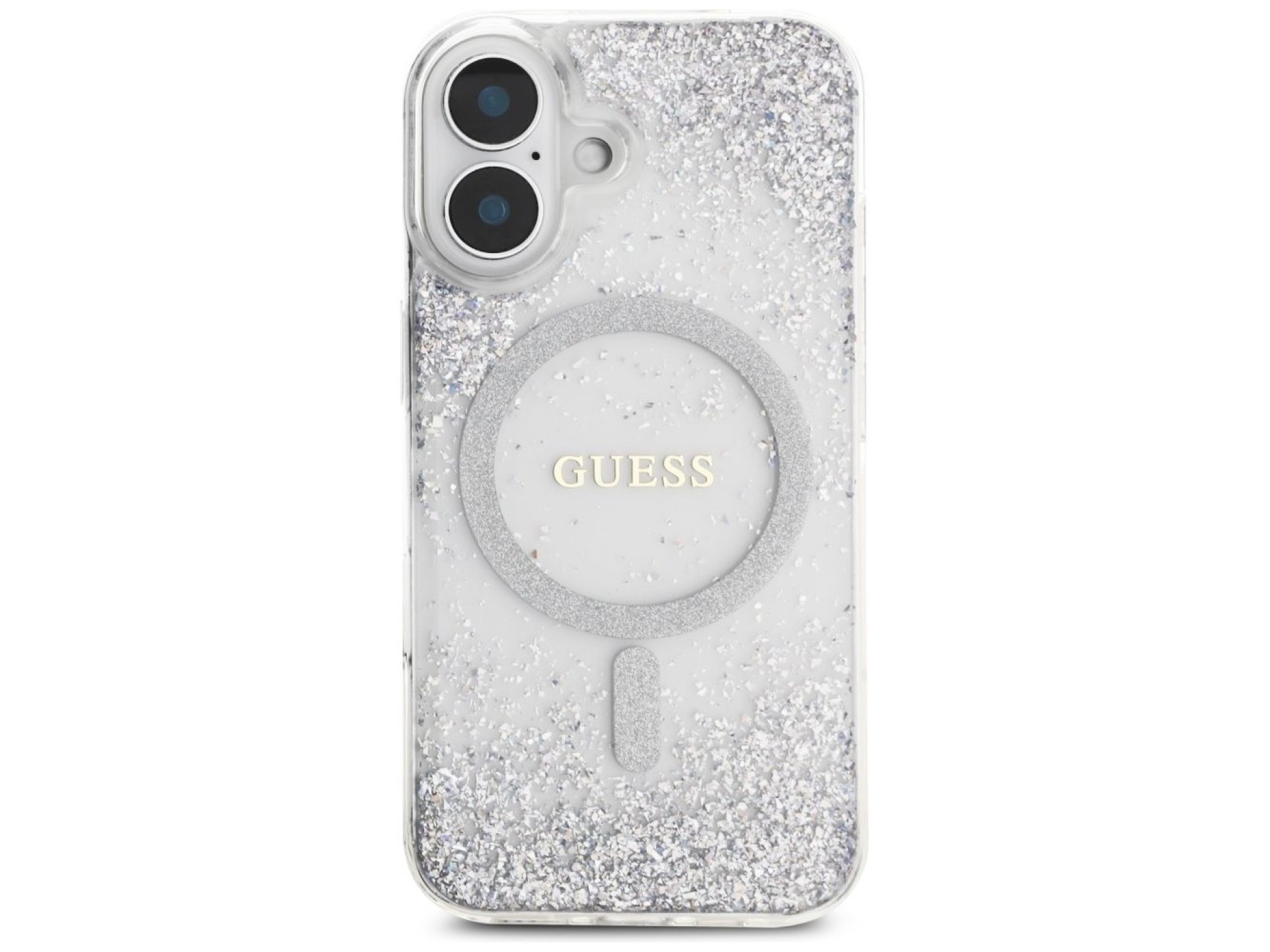Capa Guess HC Resin Bottom Glitter MagSafe para iPhone 16 - prata