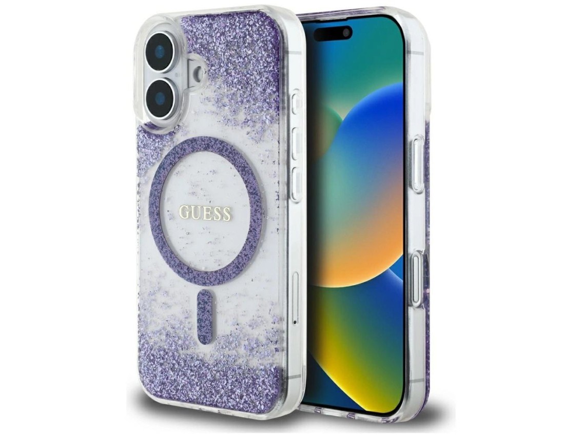 Capa Guess HC Resin Bottom Glitter MagSafe para iPhone 16 - roxa