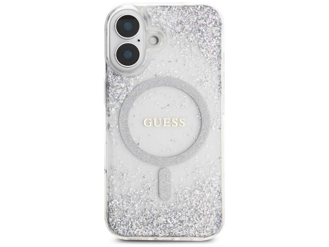 Capa Guess HC Resin Bottom Glitter MagSafe para iPhone 16 - prata