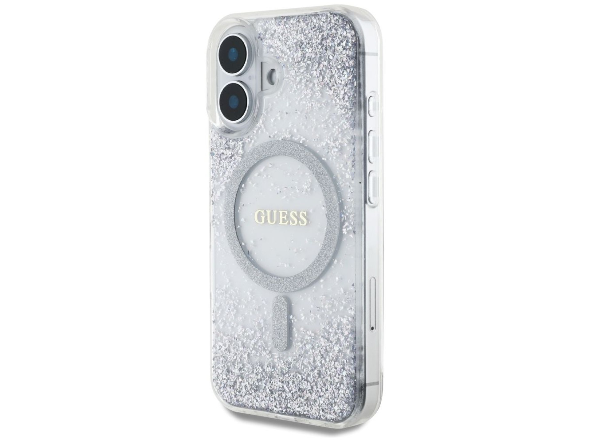 Capa Guess HC Resin Bottom Glitter MagSafe para iPhone 16 - prata