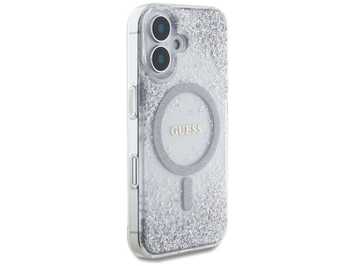 Capa Guess HC Resin Bottom Glitter MagSafe para iPhone 16 - prata