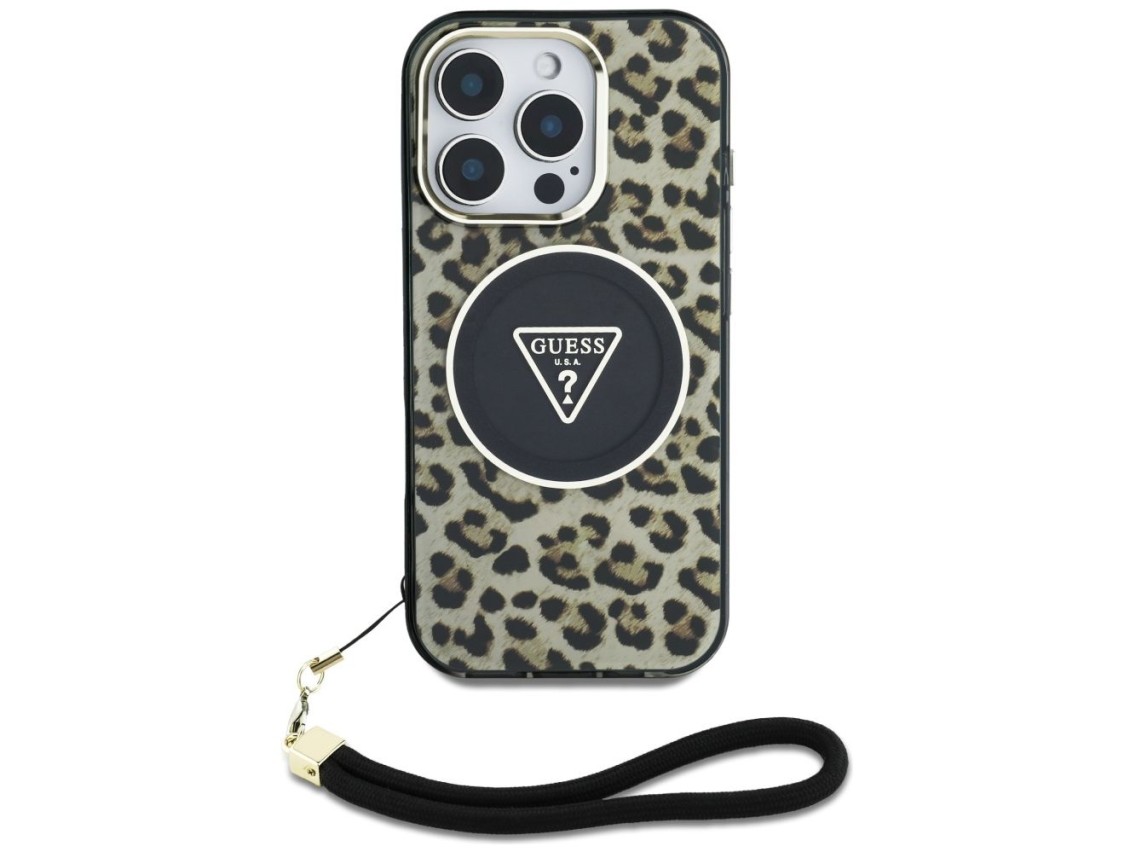 Funda Guess HC IML Leopard Triangle Cord Strap MagSafe para iPhone 16 Pro - Marr�n