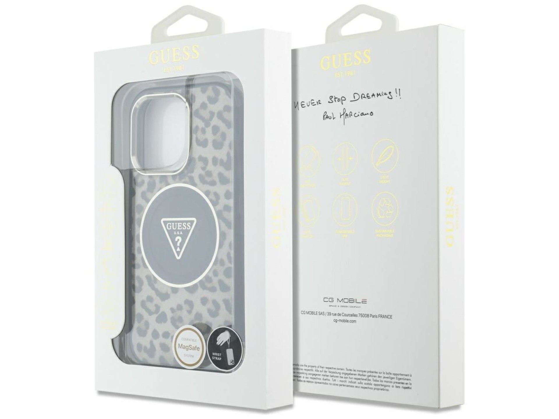 Funda Guess HC IML Leopard Triangle Cord Strap MagSafe para iPhone 16 Pro - Marrón