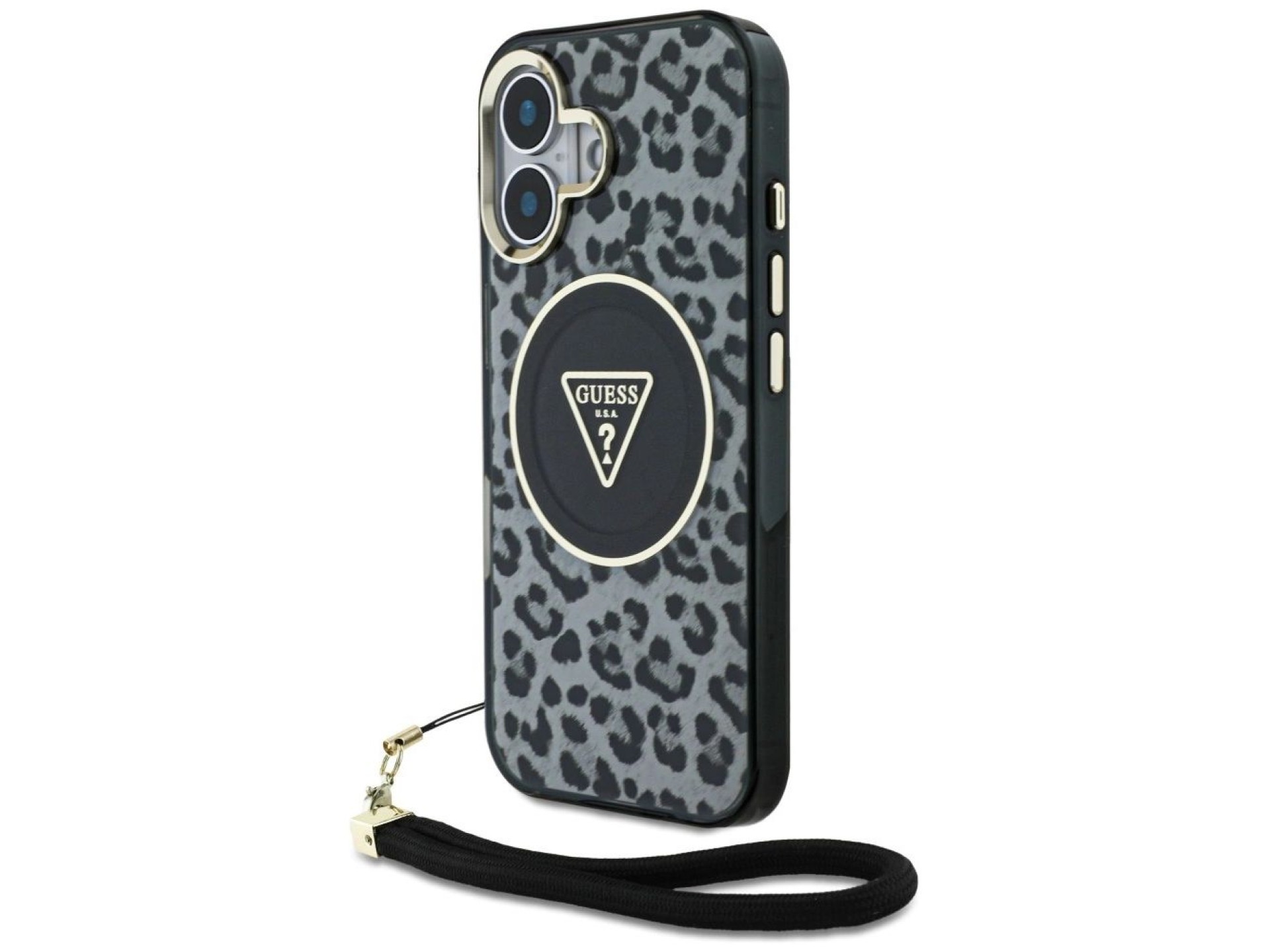Funda Guess HC IML Leopard Triangle Cord Strap MagSafe para iPhone 16 - negra