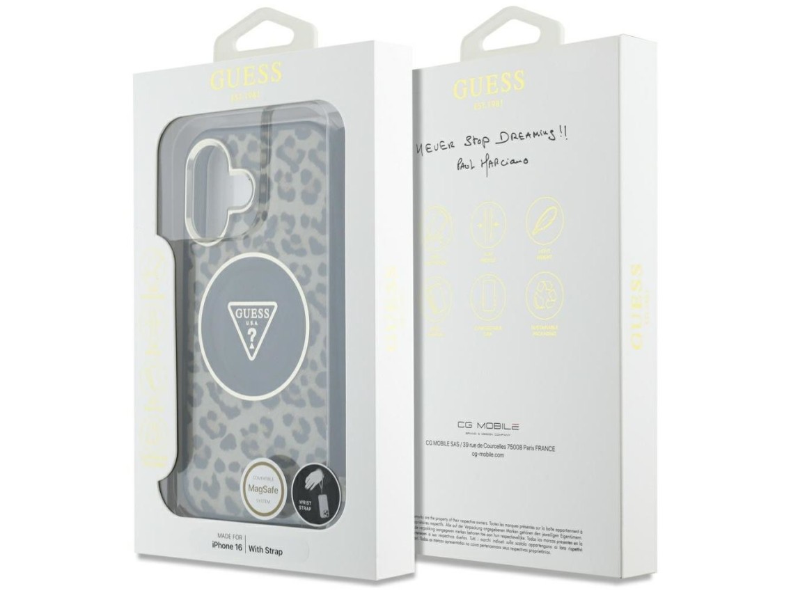 Funda Guess HC IML Leopard Triangle Cord Strap para iPhone 16 MagSafe - Marrón