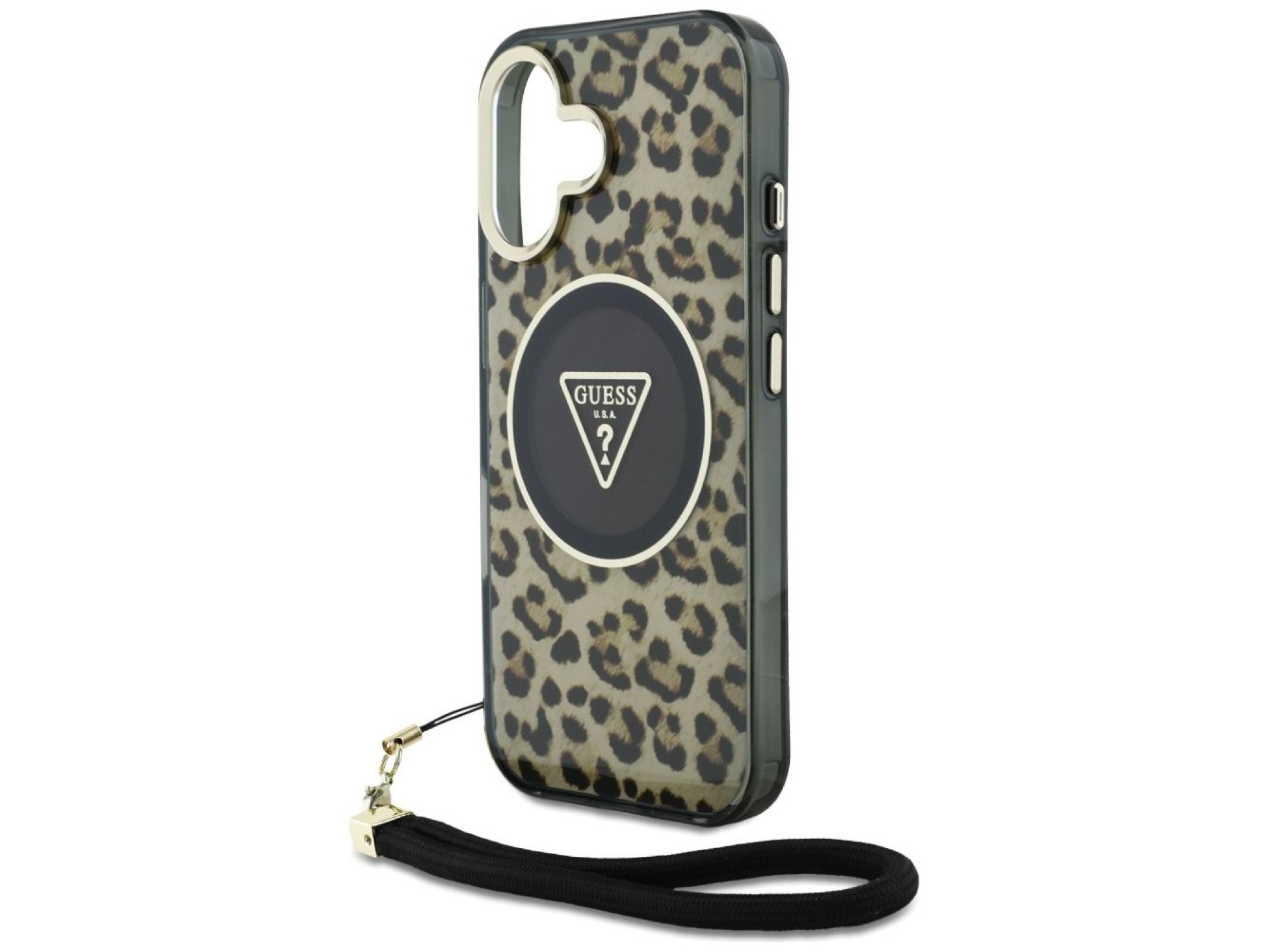 Funda Guess HC IML Leopard Triangle Cord Strap para iPhone 16 MagSafe - Marrón